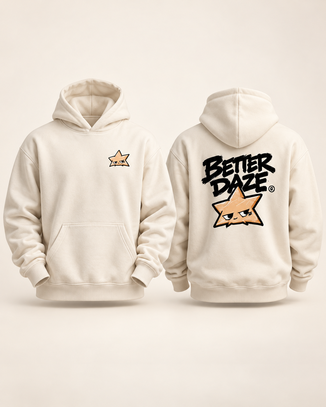 Better Daze Essentials 001 cream hoodie front and back